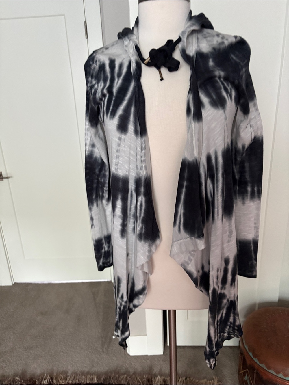 XCVI Black and White Tie-Dye Hooded Open Cardigan